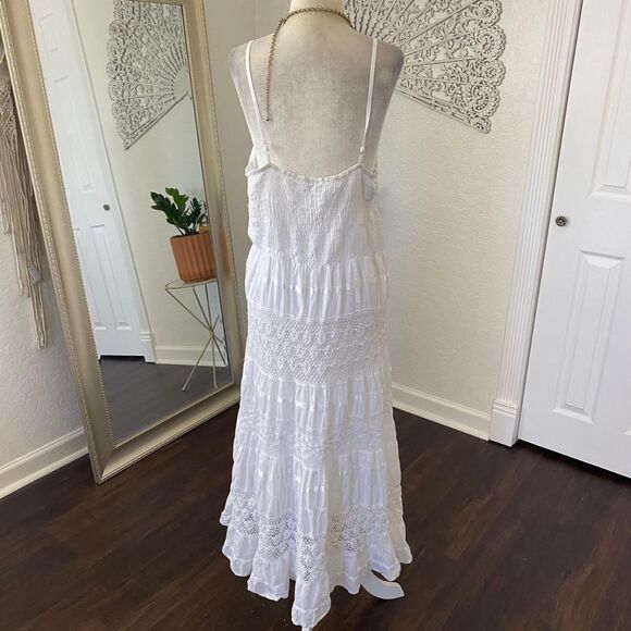 Boho White Lace Layered Tiered Cotton Midi Maxi Dress Magic L - Picture 2 of 8